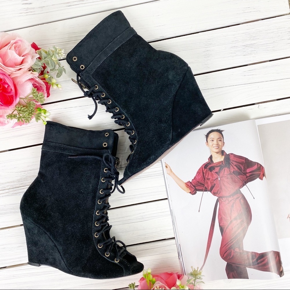 Joie Black Suede Lace Up Peep Toe Wedge Booties 39
